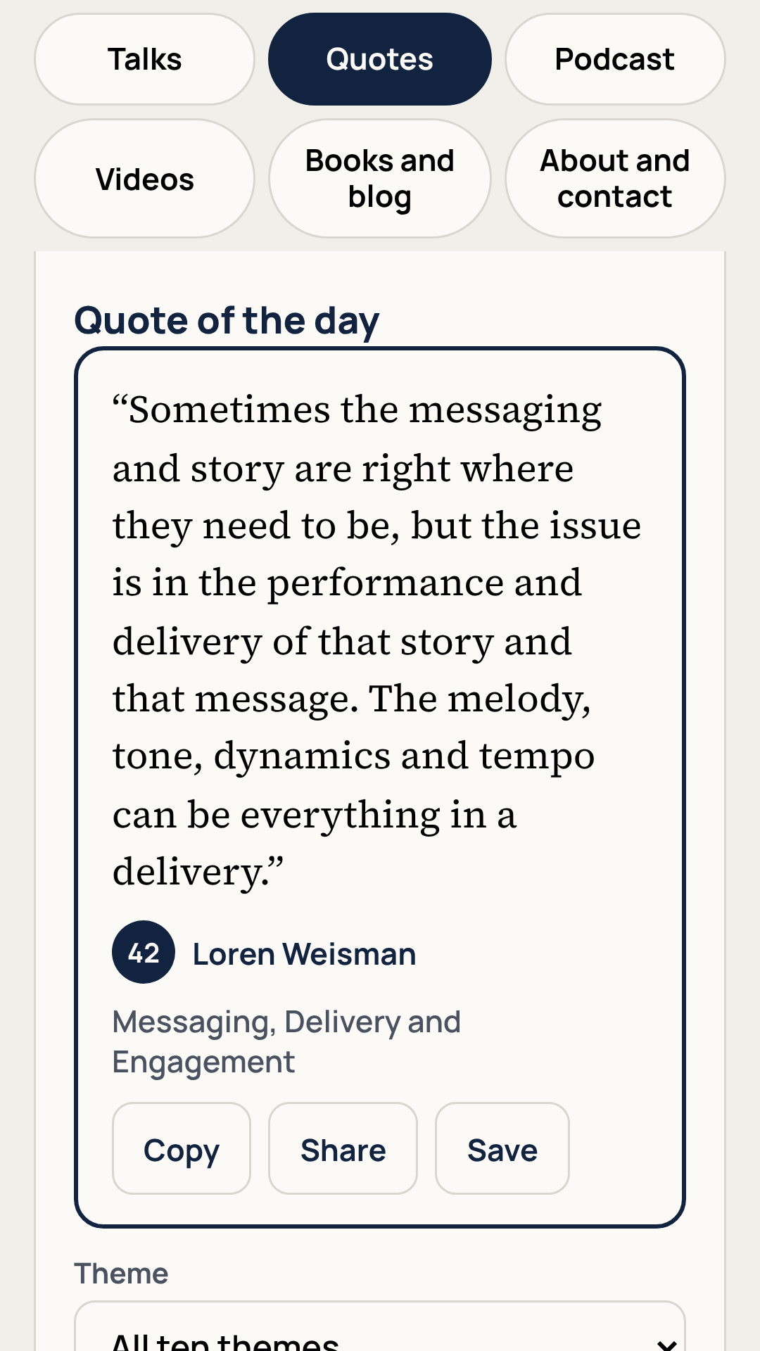 The Quotes screen in the Loren Weisman App, showing the quote of the day with buttons to copy, share and save it