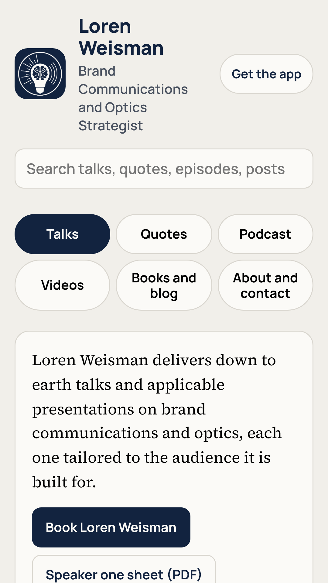 The Talks screen in the Loren Weisman App, showing the search box, the six sections and the start of the talks with the Book Loren Weisman button