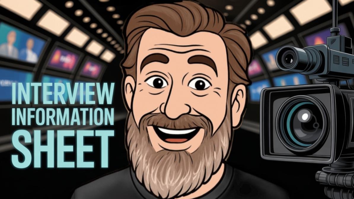 Cartoon illustration of Loren Weisman in front of a television camera and a wall of studio monitors, with the words Interview Information Sheet.