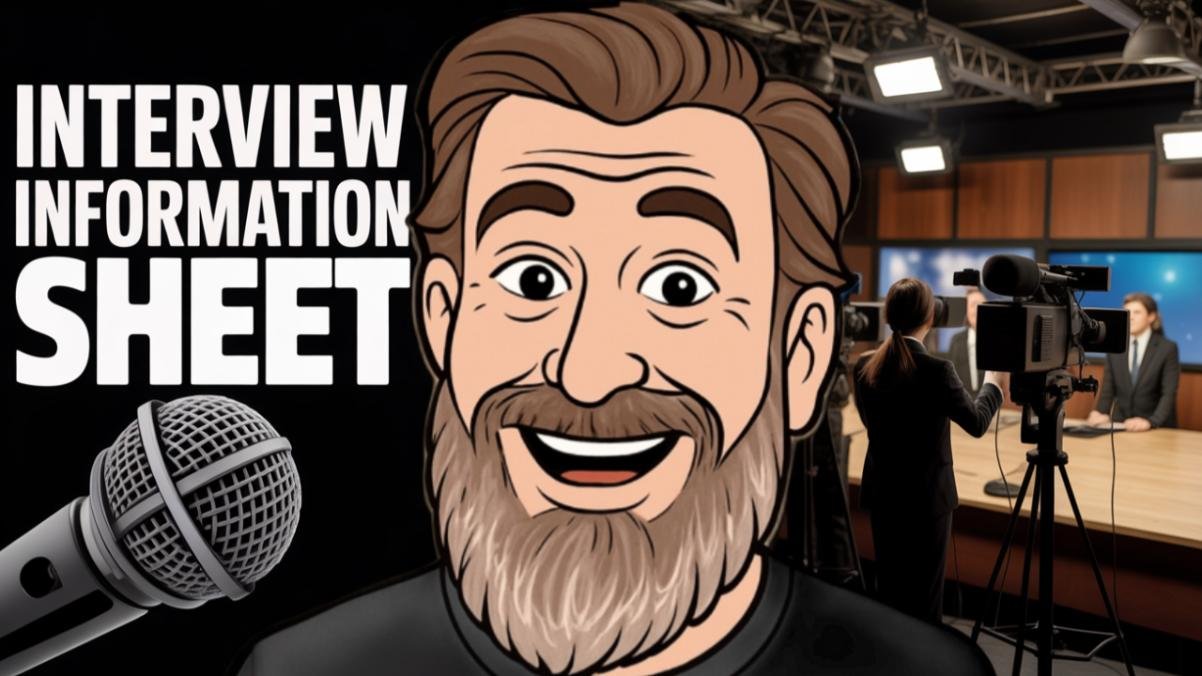 Black and white cartoon of a bearded Loren Weisman beside a studio microphone, with the words Interview Information Sheet.