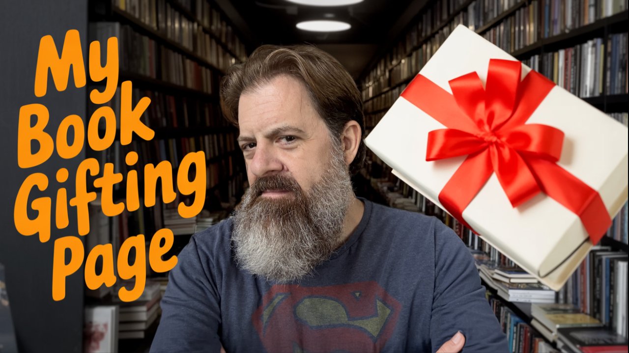 Loren Weisman in a room of books and CDs, beside the words My Book Gifting Page and a gift box.