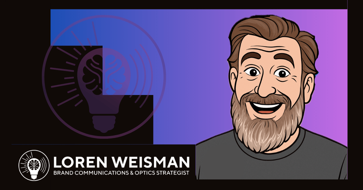Cartoon illustration of Loren Weisman beside the lightbulb and brain logo, captioned Loren Weisman, Brand Communications and Optics Strategist.