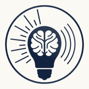 Loren Weisman logo, a brain inside a lightbulb with rays of light and sound waves, in navy on a cream circle