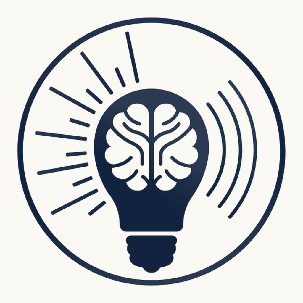 Loren Weisman logo, a brain inside a lightbulb with rays of light and sound waves, in navy on a cream circle