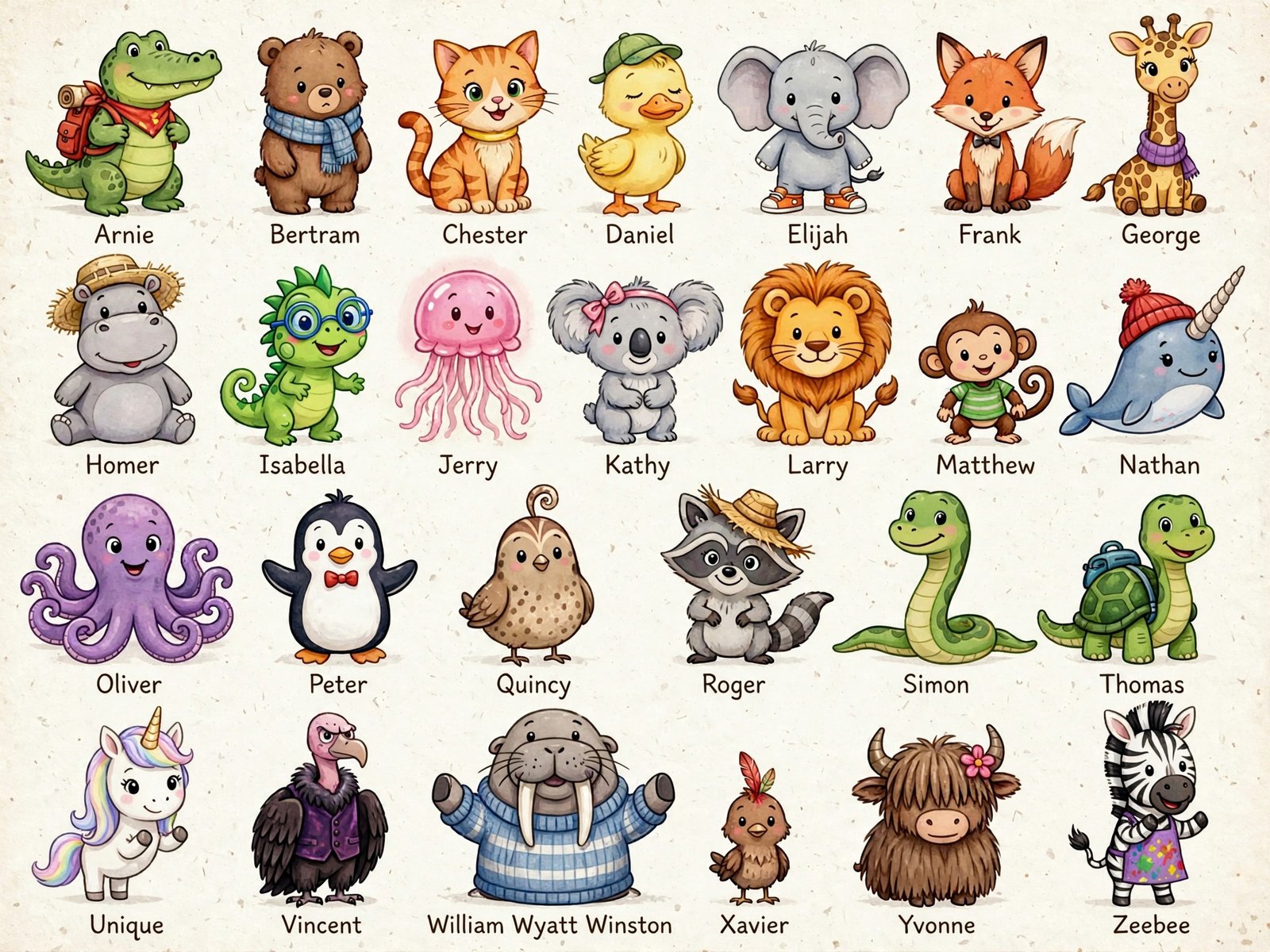 Character sheet for Alphabet Animal Adventures Across America showing all twenty six animals from Arnie the Alligator to Zeebee the Zebra, each with its name