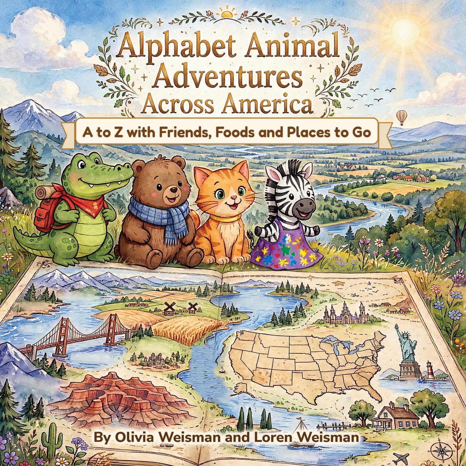 Front cover of Alphabet Animal Adventures Across America: A to Z with Friends, Foods and Places to Go, showing Arnie the Alligator, Bertram the Bashful Bear, Chester the Cheerful Cat and Zeebee the Zealous Zebra on an open book showing a map of the United States, by Olivia Weisman and Loren Weisman