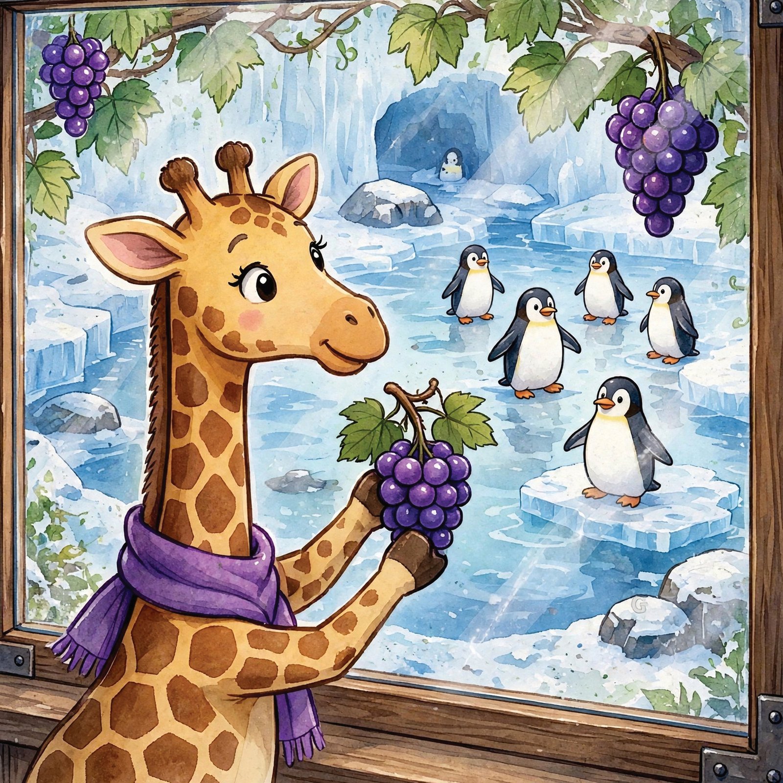 Illustration from Alphabet Animal Adventures Across America of George the Generous Giraffe eating grapes in Grand Rapids, with a hidden letter G in the picture