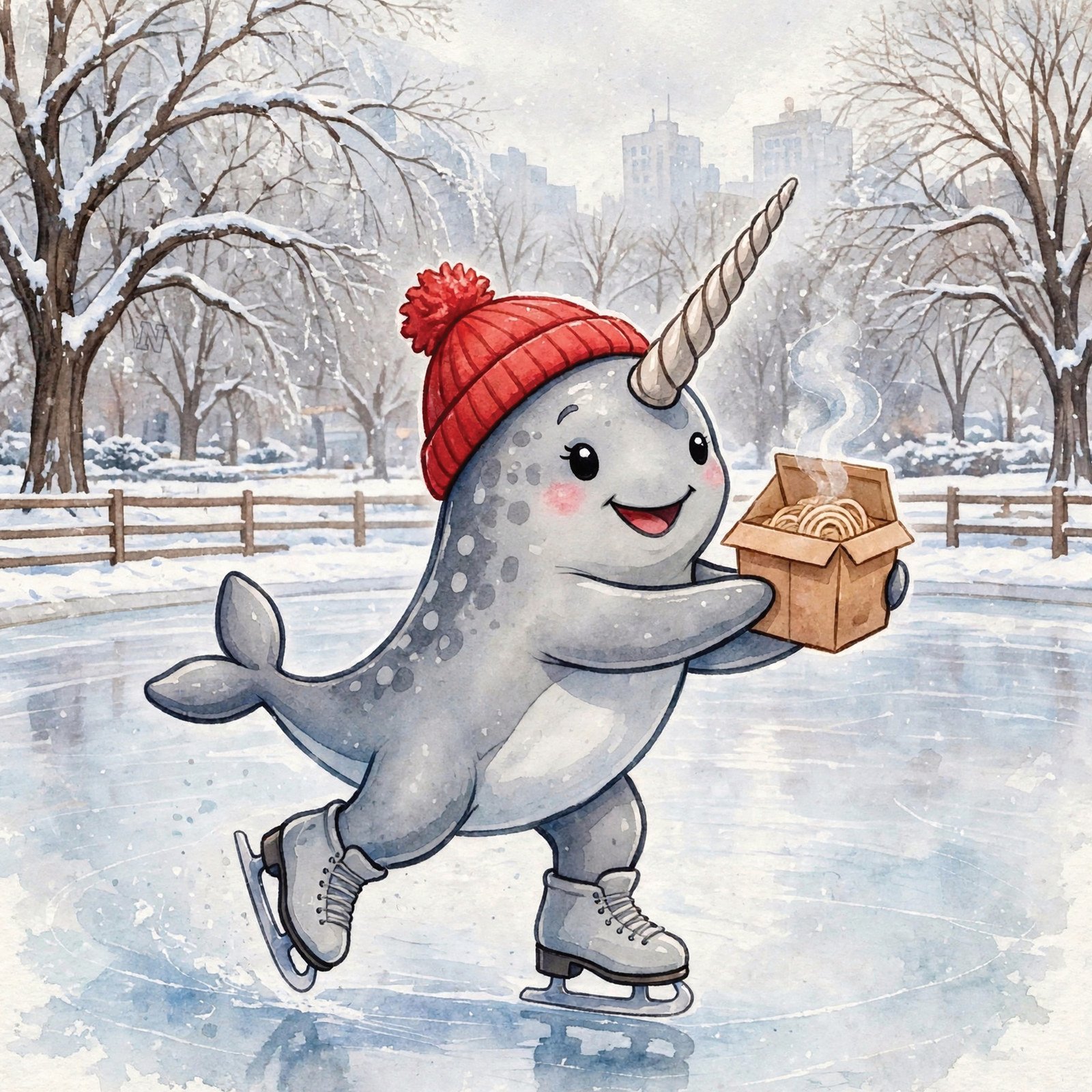 Illustration from Alphabet Animal Adventures Across America of Nathan the Neighborly Narwhal eating noodles in New York City, with a hidden letter N in the picture