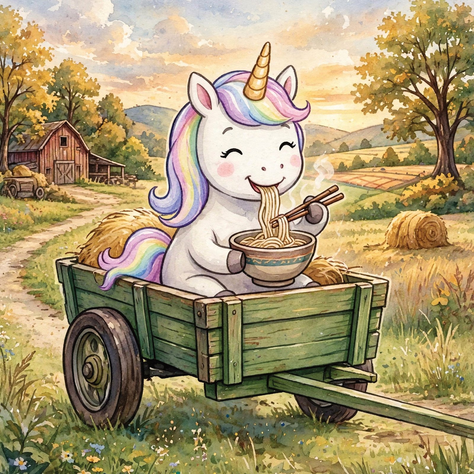 Illustration from Alphabet Animal Adventures Across America of Unique the Understanding Unicorn eating udon in Urbandale, with a hidden letter U in the picture