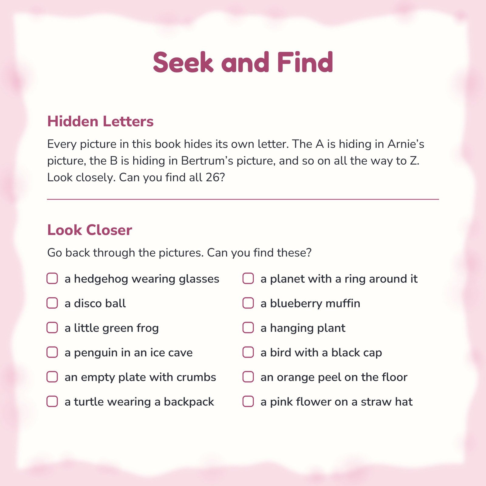 Seek and find page from Alphabet Animal Adventures Across America listing the book's hidden letters and hidden objects