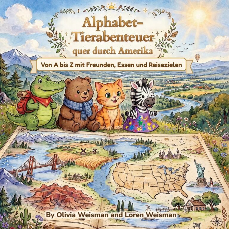 Front cover of Alphabet Animal Adventures Across America with the title in German: Alphabet-Tierabenteuer quer durch Amerika. Von A bis Z mit Freunden, Essen und Reisezielen. English edition