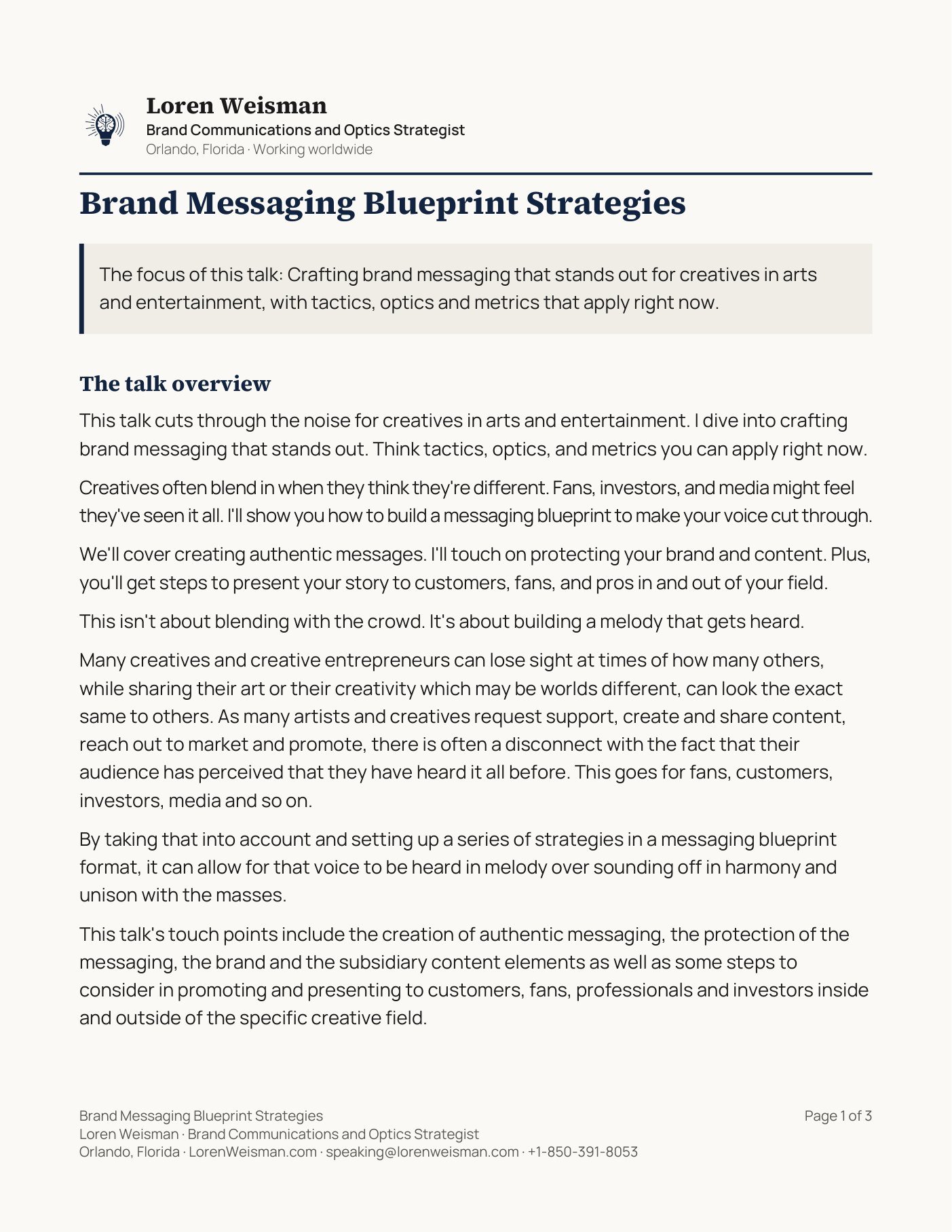 Page one of the Brand Messaging Blueprint Strategies talk sheet. The header carries Loren Weisman, Brand Communications and Optics Strategist, Orlando, Florida, working worldwide. The talk title runs below it, then one line giving the focus of the talk, then the talk overview, and the start of the takeaways and touch points. A footer across the bottom repeats the talk title with the name, the role, the location, the website, the speaking email address and the phone number, and the page number.