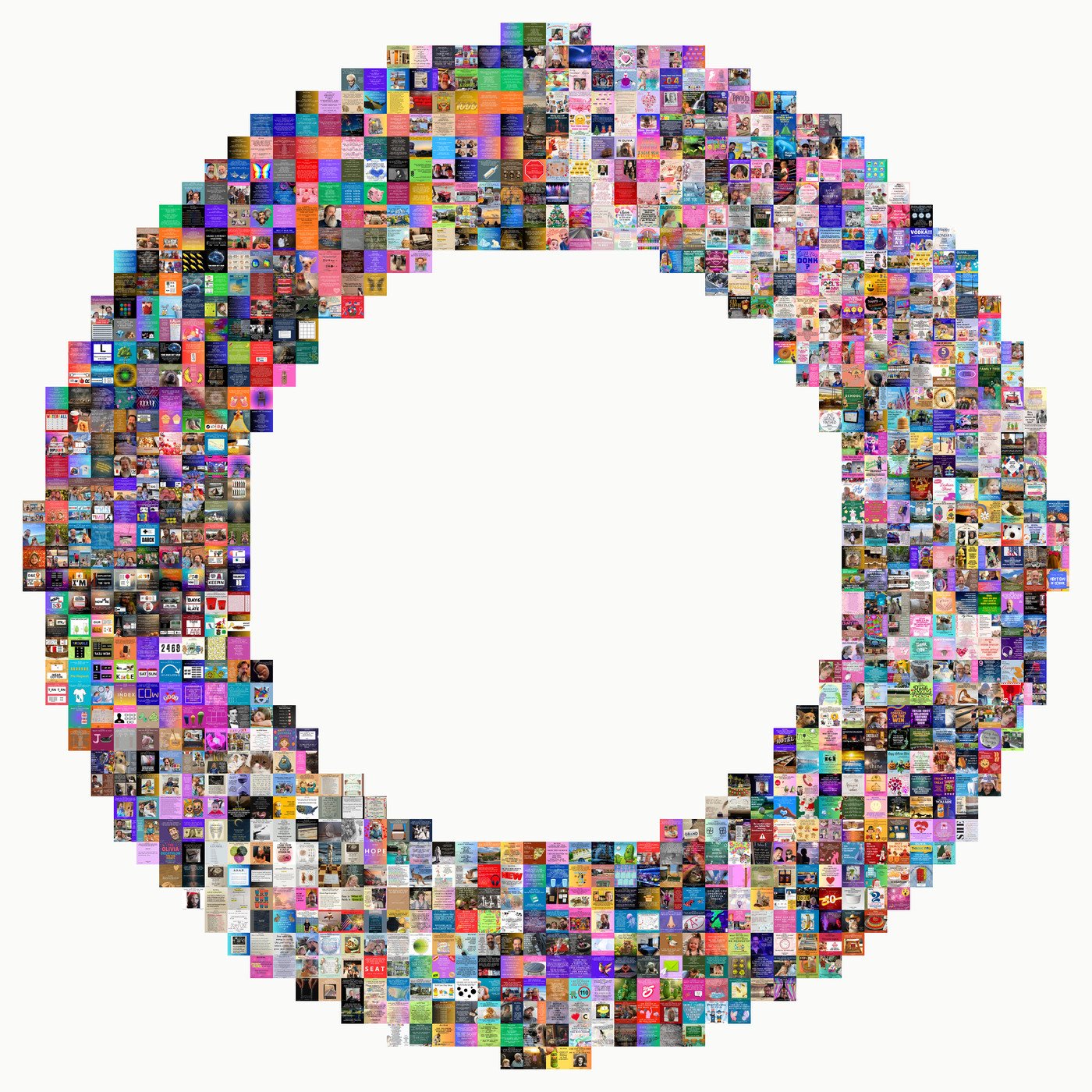The Dadau Graphics run set as a thick ring shaped like the letter O, built from over a thousand small squares of color, one for each graphic sent.