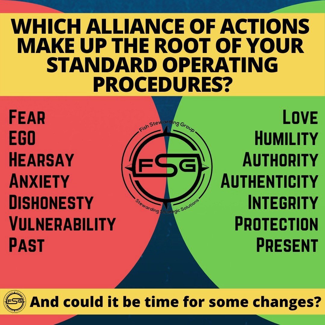 Which alliance of actions make up the root of your standard operating procedures? A chart contrasting fear, ego, hearsay, anxiety, dishonesty, vulnerability and past against love, humility, authority, authenticity, integrity, protection and present. And could it be time for some changes?