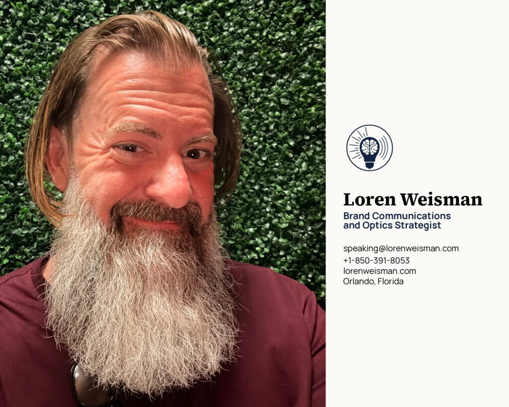 Horizontal promo photo of Loren Weisman: facing the camera with a full grey beard and shoulder-length hair, maroon shirt, green hedge wall. Beside the photo: Loren Weisman, Brand Communications and Optics Strategist, speaking@lorenweisman.com, +1-850-391-8053, lorenweisman.com, Orlando, Florida.