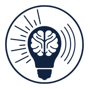 Loren Weisman logo: a light bulb holding a brain, with lines radiating from it, in navy.