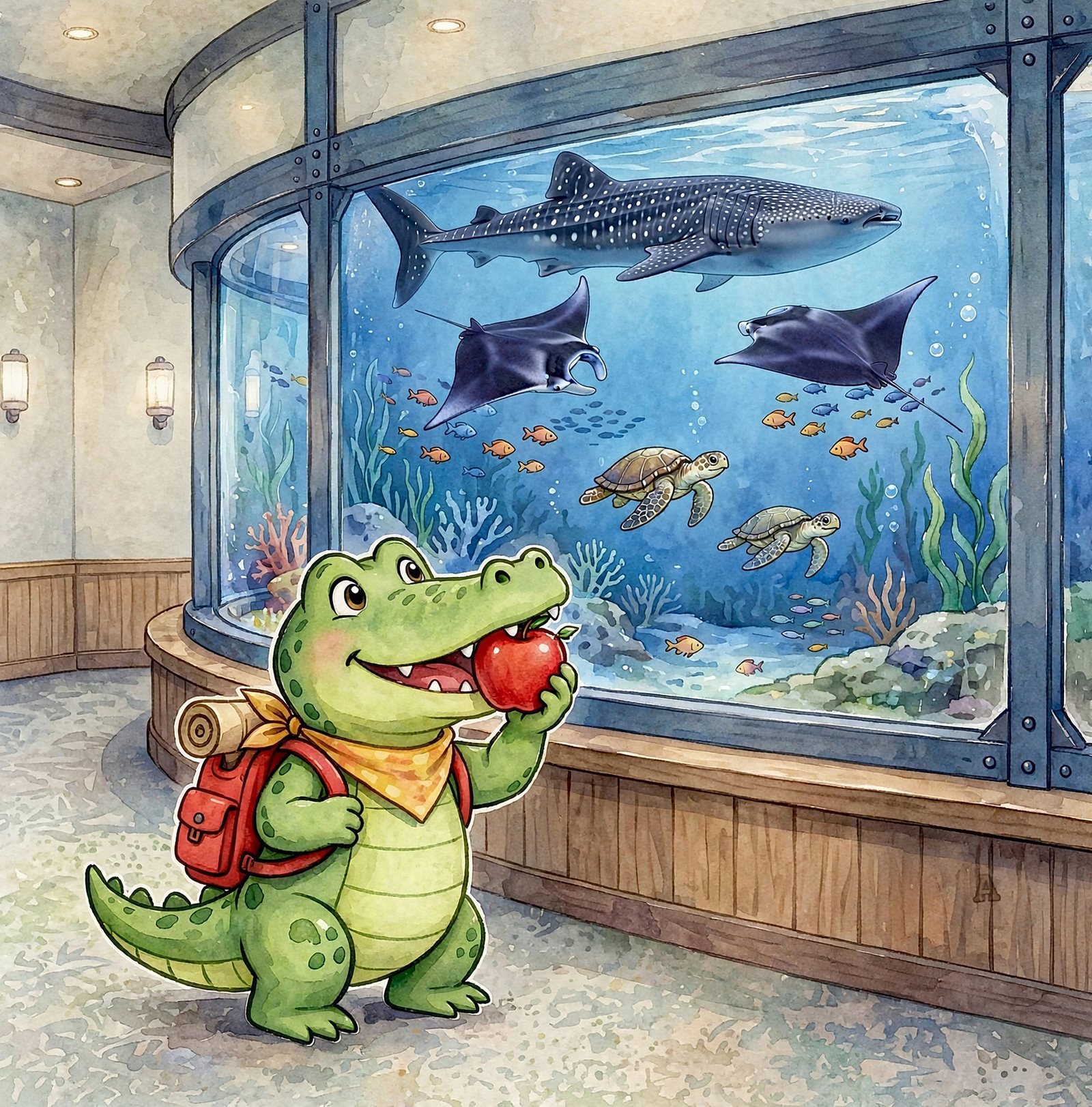 Arnie the Alligator eating an apple by a big aquarium tank in Atlanta, from Alphabet Animal Adventures Across America