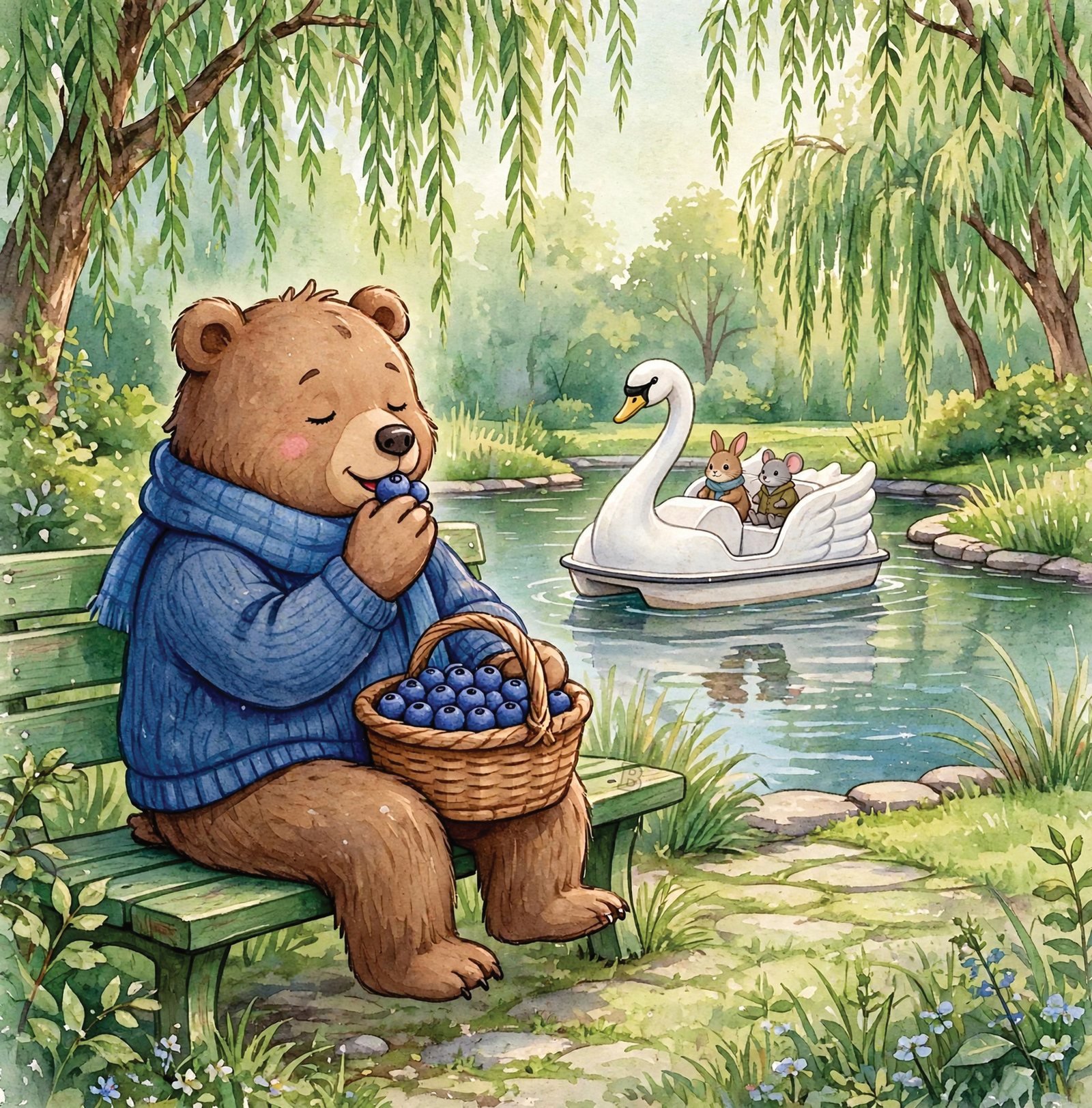 Bertram the Bashful Bear eating blueberries by a pond with a swan boat in Boston, from Alphabet Animal Adventures Across America