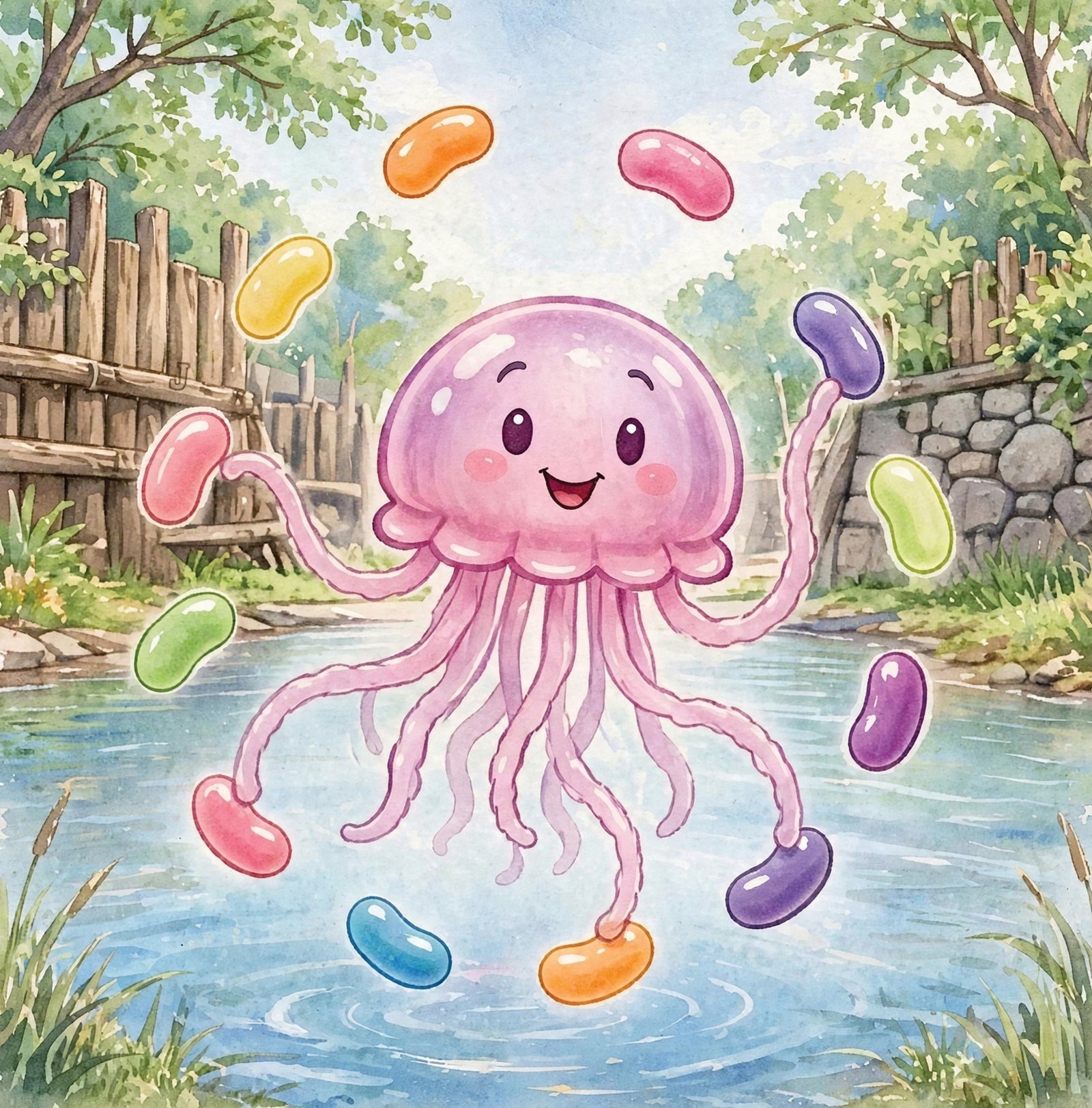 Jerry the Jolly Jellyfish juggling jelly beans in the water in Jamestown, Virginia, from Alphabet Animal Adventures Across America