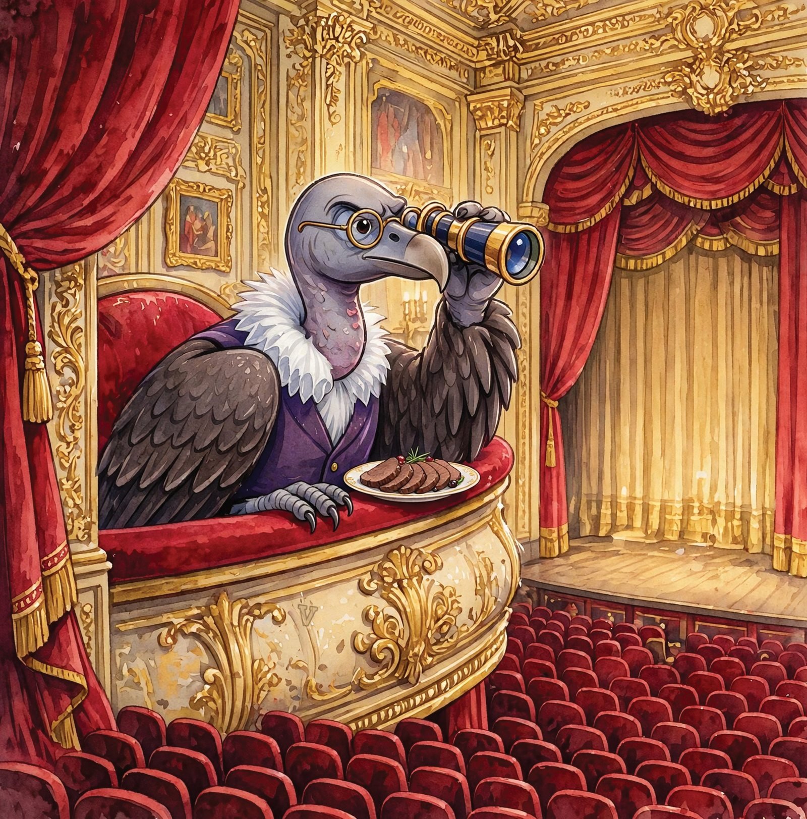Vincent the Vulture watching a show from red velvet opera house seats in Vergennes, Vermont, from Alphabet Animal Adventures Across America