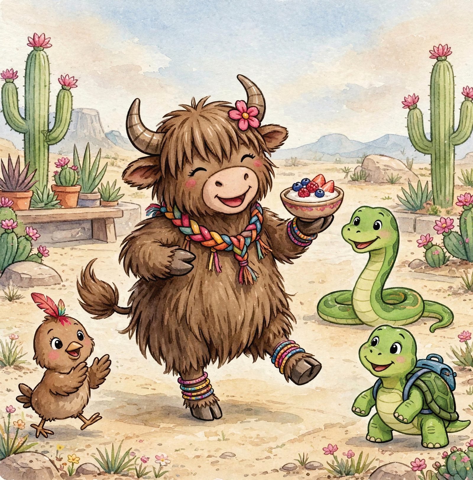 Yvonne the Youthful Yak dancing with a bowl of yogurt among friends in Yuma, Arizona, from Alphabet Animal Adventures Across America