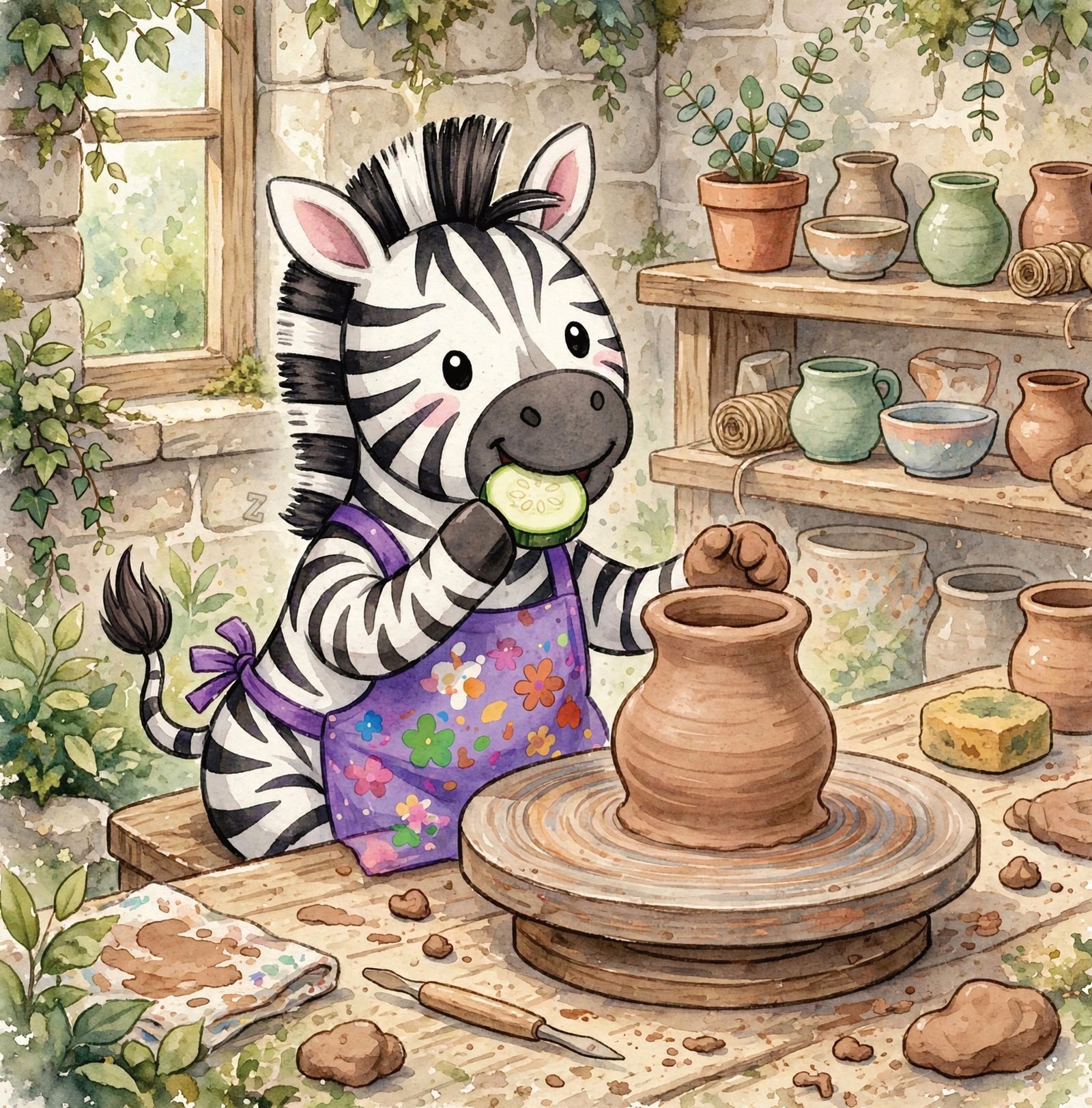 Zeebee the Zealous Zebra eating zucchini at a pottery wheel in Zanesville, Ohio, from Alphabet Animal Adventures Across America