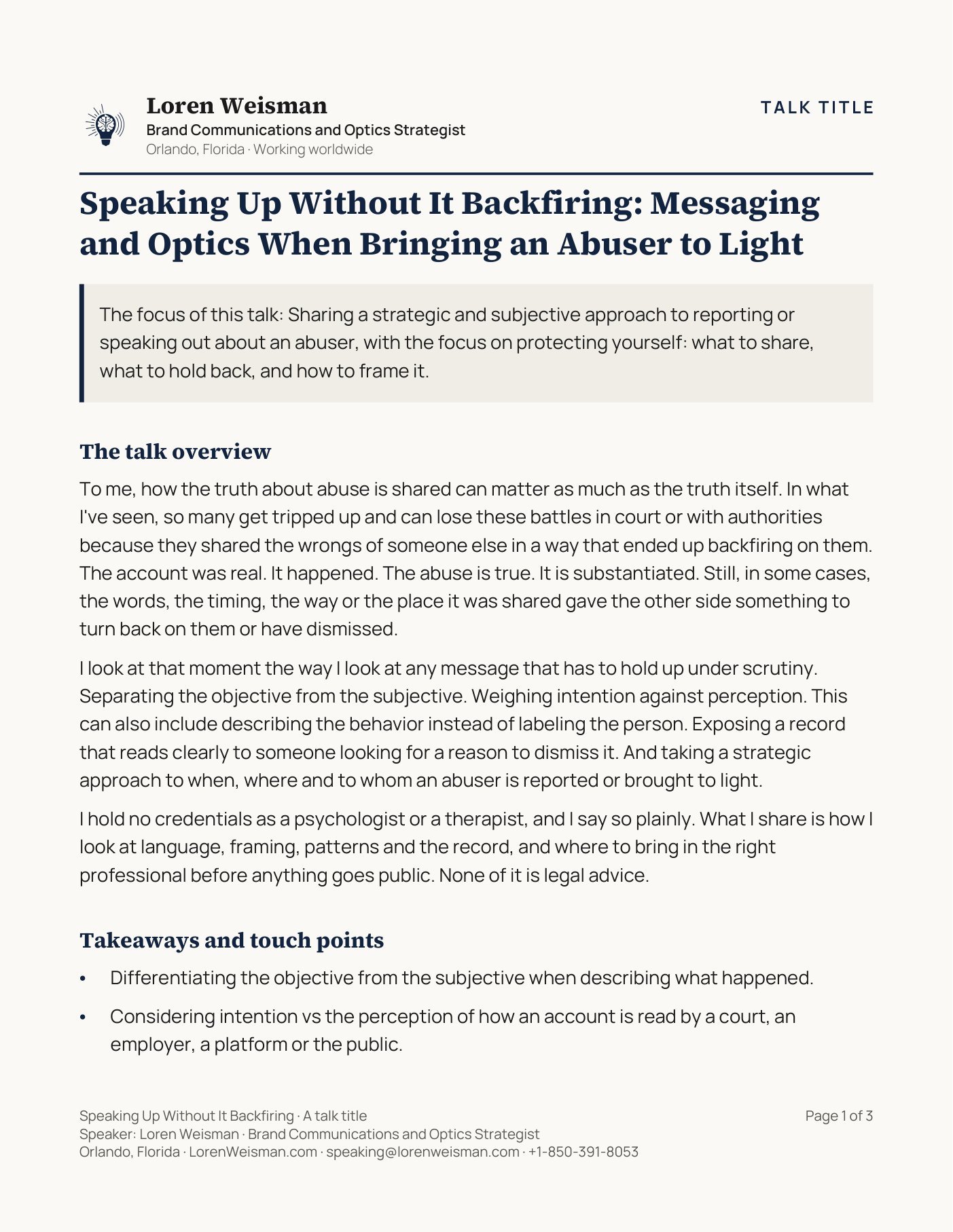 Page one of the Speaking Up Without It Backfiring talk sheet. A TALK TITLE label sits at the top right. The header carries Loren Weisman, Brand Communications and Optics Strategist, Orlando, Florida, working worldwide. The talk title runs below it, then one line giving the focus of the talk, then the talk overview. A footer across the bottom repeats the talk title with the name, the role, the location, the website, the speaking email address and the phone number, and the page number.
