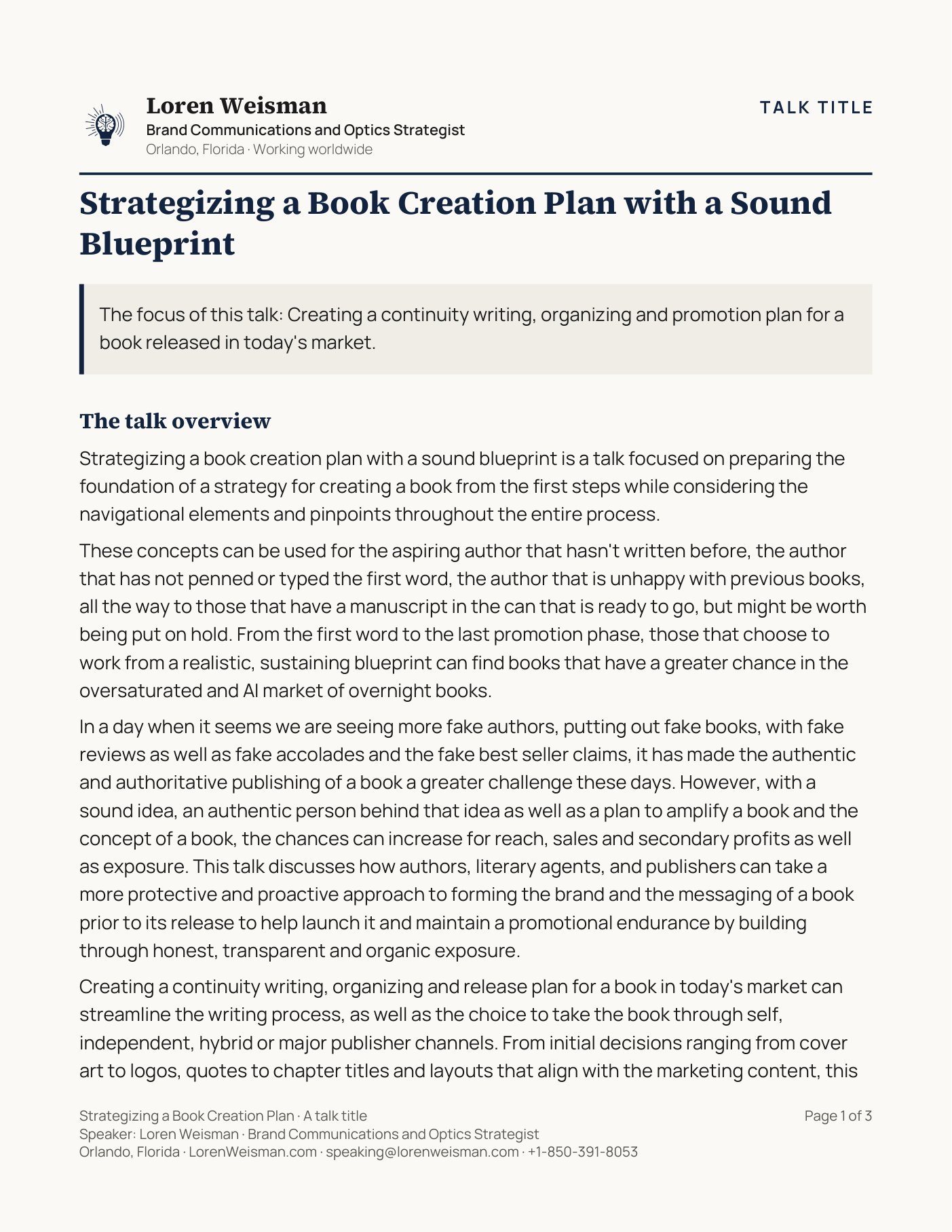 Page one of the Strategizing a Book Creation Plan with a Sound Blueprint talk sheet. A TALK TITLE label sits at the top right. The header carries Loren Weisman, Brand Communications and Optics Strategist, Orlando, Florida, working worldwide. The talk title runs below it, then one line giving the focus of the talk, then the talk overview. A footer across the bottom repeats the talk title with the name, the role, the location, the website, the speaking email address and the phone number, and the page number.