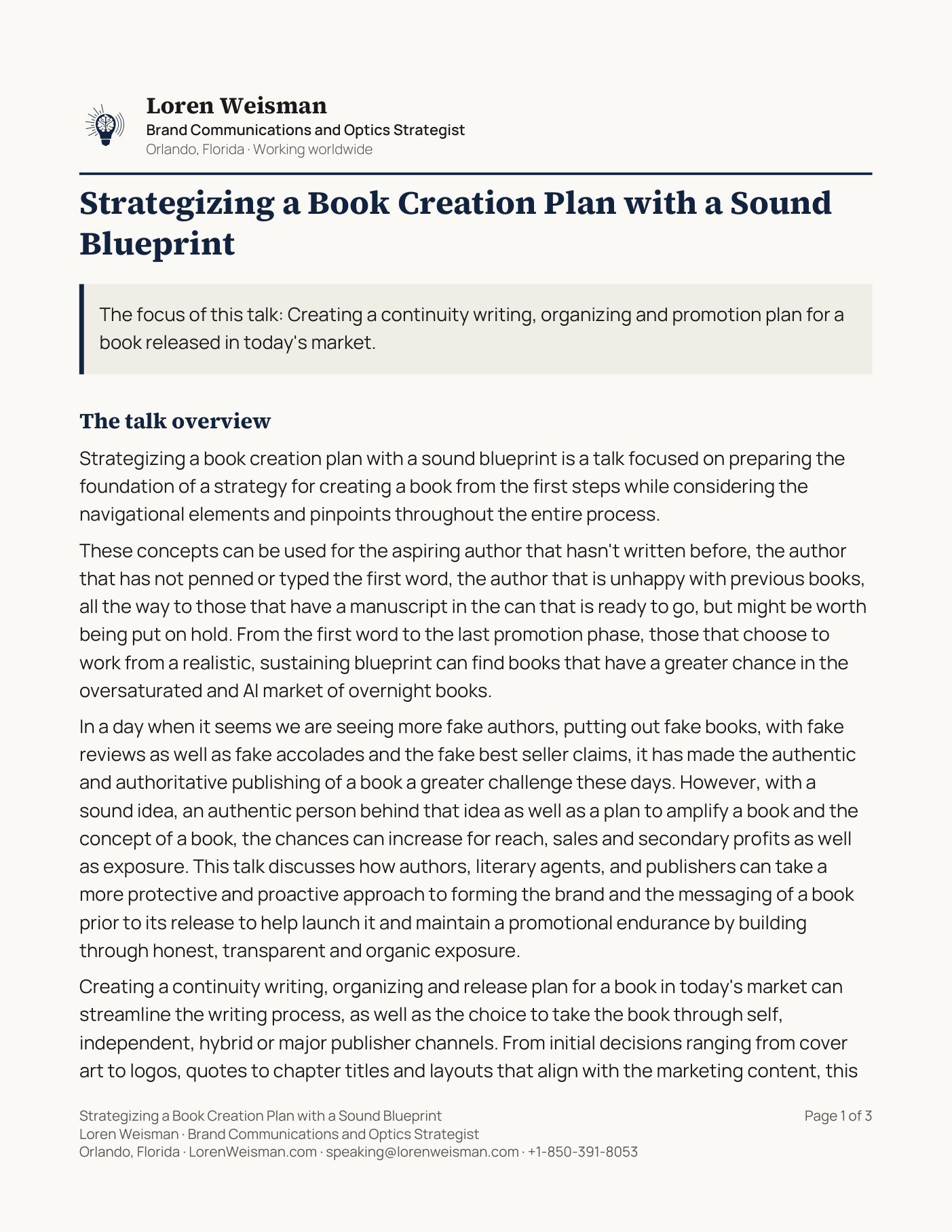 Page one of the Strategizing a Book Creation Plan with a Sound Blueprint talk sheet. The header carries Loren Weisman, Brand Communications and Optics Strategist, Orlando, Florida, working worldwide. The talk title runs below it, then one line giving the focus of the talk, then the talk overview. A footer across the bottom repeats the talk title with the name, the role, the location, the website, the speaking email address and the phone number, and the page number.