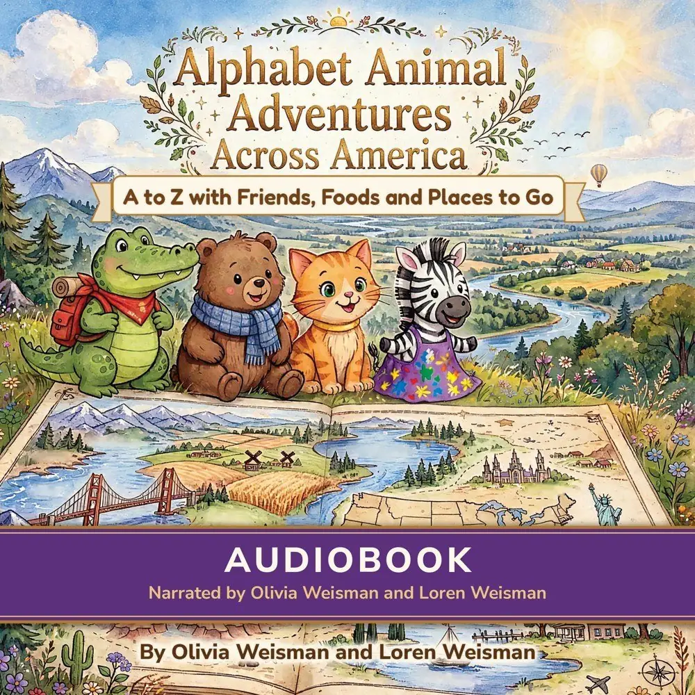 The audiobook cover: the front cover art with a purple bar that reads AUDIOBOOK and Narrated by Olivia Weisman and Loren Weisman
