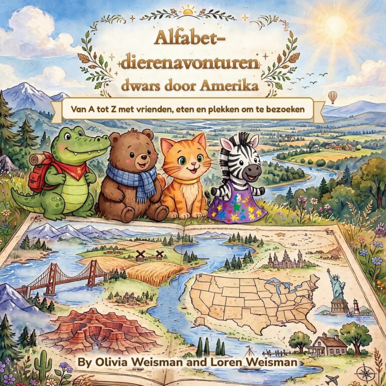 Front cover of Alphabet Animal Adventures Across America with the title in Dutch: Alfabet-dierenavonturen dwars door Amerika. Van A tot Z met vrienden, eten en plekken om te bezoeken. English edition