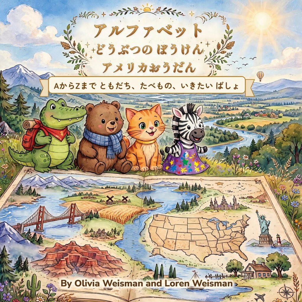 Alphabet Animal Adventures Across America: A to Z with Friends, Foods and Places to Goの表紙。日本語のタイトル「アルファベット どうぶつの ぼうけん アメリカおうだん」「AからZまで ともだち、たべもの、いきたい ばしょ」入り。アメリカ合衆国の地図が描かれた開いた本の上に、Arnie the Alligator、Bertram the Bashful Bear、Chester the Cheerful Cat、Zeebee the Zealous Zebraがいます。作者はOlivia WeismanとLoren Weisman。英語版