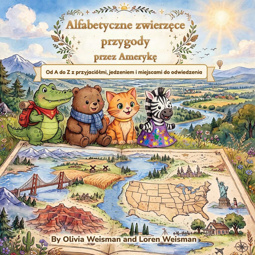 Przednia okładka książki Alphabet Animal Adventures Across America: A to Z with Friends, Foods and Places to Go, z tytułem w języku polskim: Alfabetyczne zwierzęce przygody przez Amerykę. Od A do Z z przyjaciółmi, jedzeniem i miejscami do odwiedzenia. Na okładce: Arnie the Alligator, Bertram the Bashful Bear, Chester the Cheerful Cat i Zeebee the Zealous Zebra na otwartej książce z mapą Stanów Zjednoczonych. Autorzy: Olivia Weisman i Loren Weisman. Wydanie angielskie
