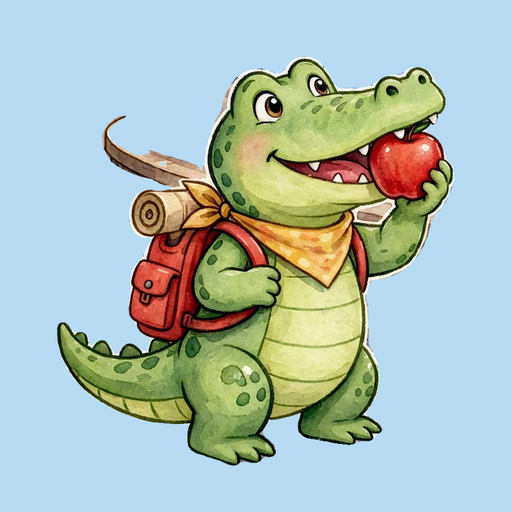 The app icon: Arnie the Alligator with his red backpack and an apple, on a sky blue background
