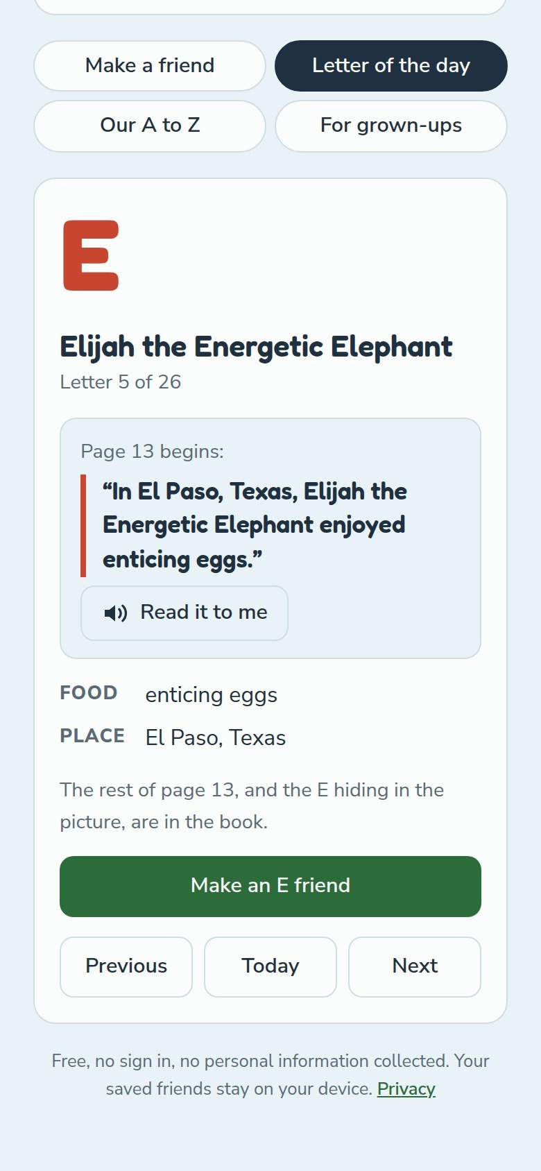 The Letter of the day screen in the Alphabet Animal Adventures Across America App, showing E for Elijah the Energetic Elephant, the line that begins page 13 of the book, a Read it to me button and a Make an E friend button