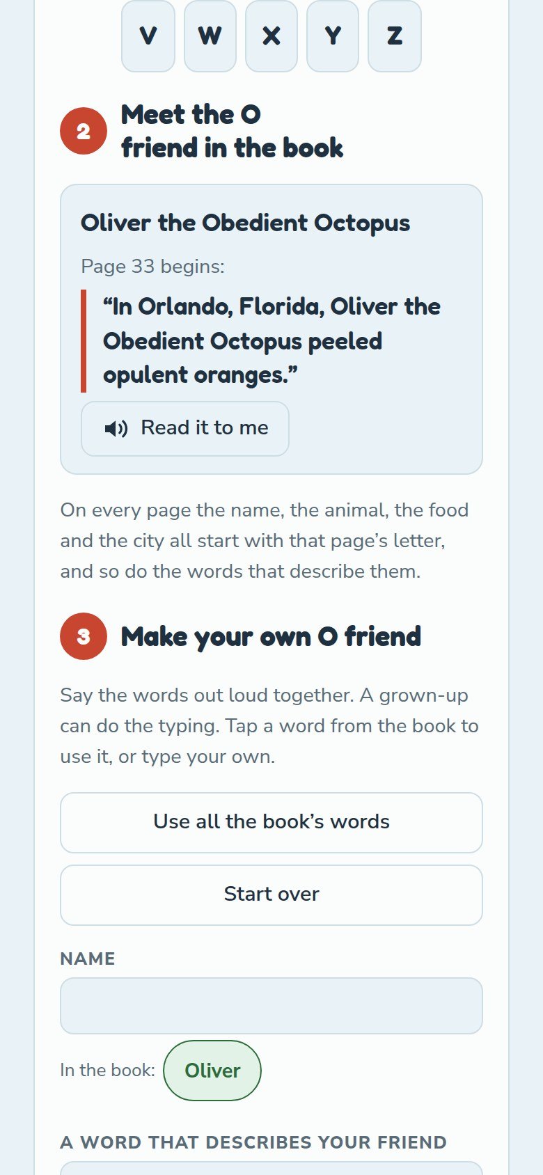 The Make a friend screen in the Alphabet Animal Adventures Across America App for the letter O, showing the line that begins page 33 of the book and the fields for making your own O friend, with the book's words ready to tap