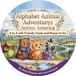Round sticker for Alphabet Animal Adventures Across America: the book cover cut to a circle, with Arnie the Alligator, Bertram the Bear, Chester the Cat and Zeebee the Zebra, and a curved purple band at the bottom reading By Olivia Weisman and Loren Weisman