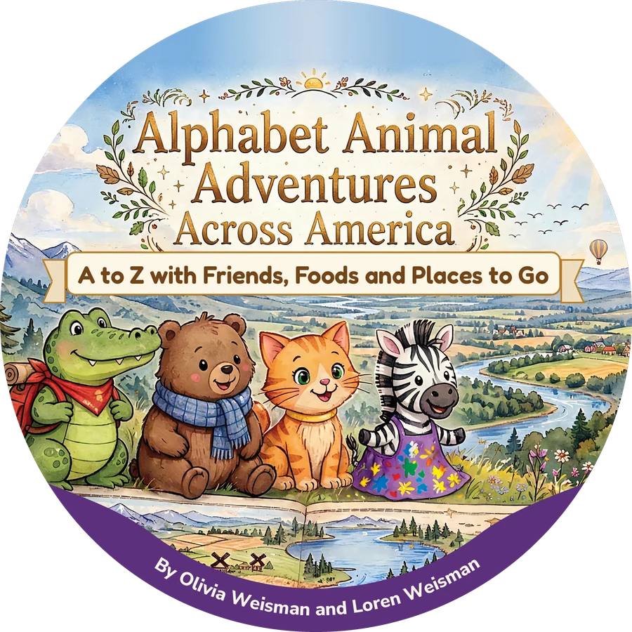 Round sticker for Alphabet Animal Adventures Across America: the book cover cut to a circle, with Arnie the Alligator, Bertram the Bear, Chester the Cat and Zeebee the Zebra, and a curved purple band at the bottom reading By Olivia Weisman and Loren Weisman
