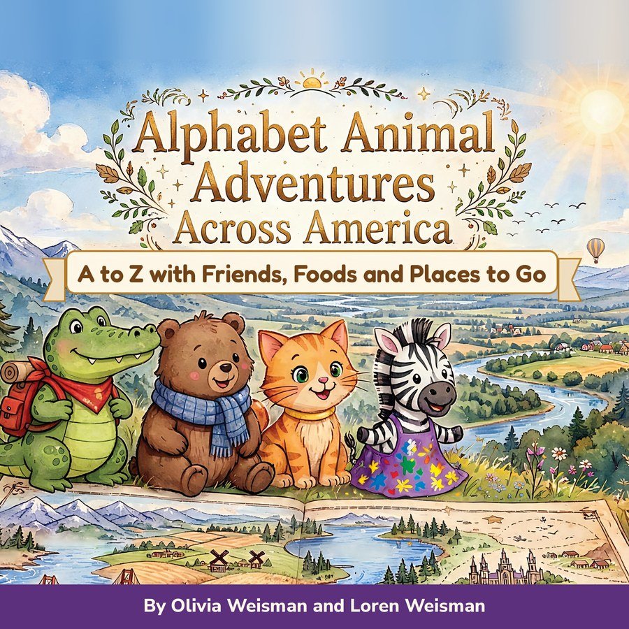 Square sticker for Alphabet Animal Adventures Across America: the book cover with Arnie the Alligator, Bertram the Bear, Chester the Cat and Zeebee the Zebra, and a straight purple band at the bottom reading By Olivia Weisman and Loren Weisman