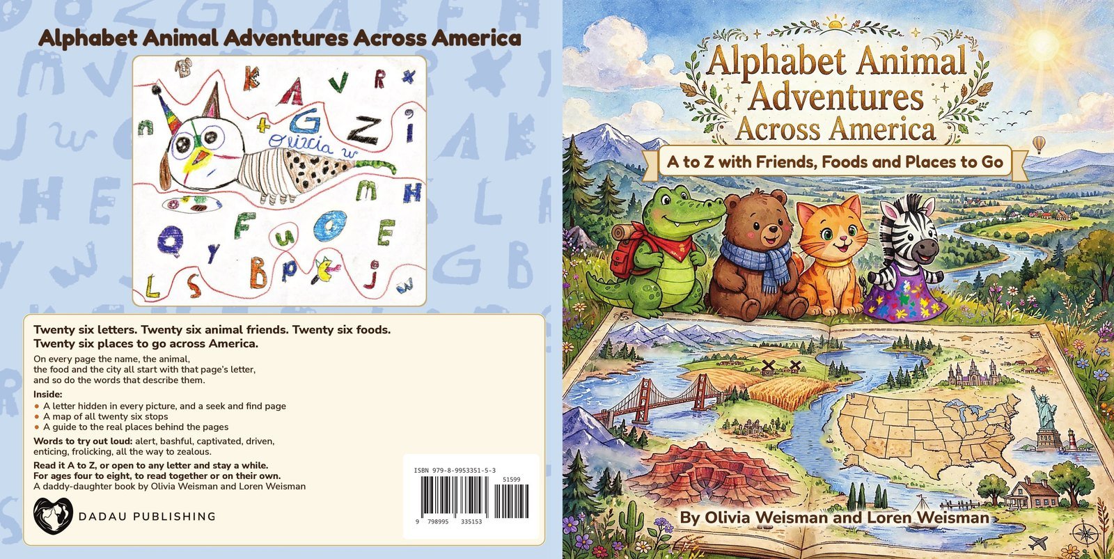The IngramSpark cover wrap as printed: the back cover with Olivia’s drawing, the description and the barcode, the spine, and the front cover