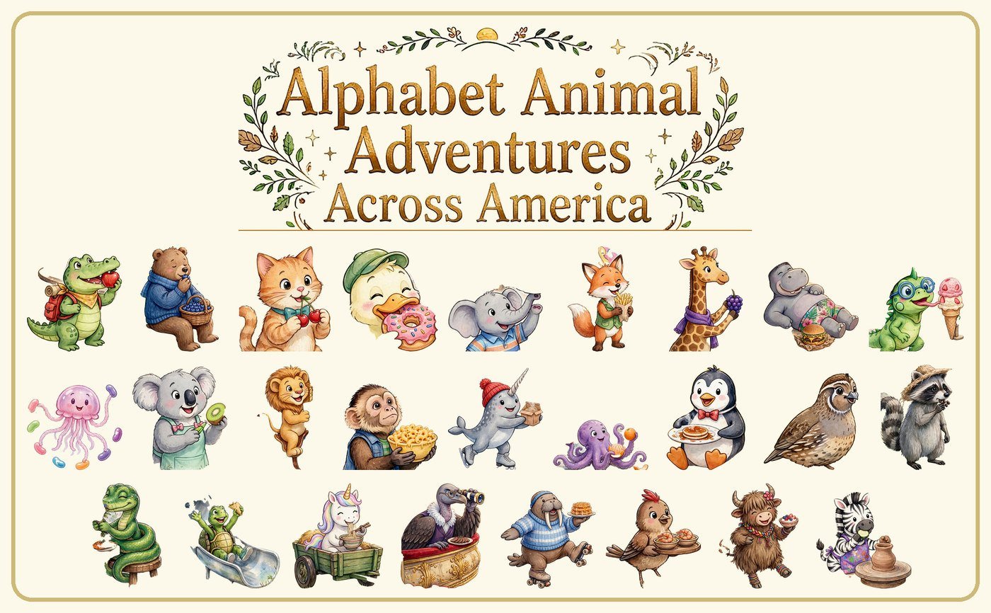 Alphabet Animal Adventures Across America title with all twenty six animal friends from A to Z