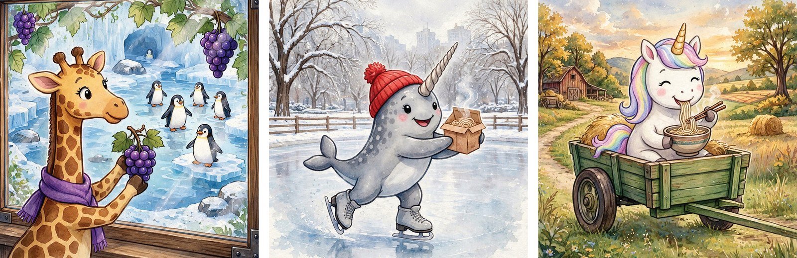 George the Generous Giraffe eating grapes in Grand Rapids, with a hidden letter G in the picture; Nathan the Neighborly Narwhal eating noodles in New York City, with a hidden letter N; Unique the Understanding Unicorn eating udon in Urbandale, with a hidden letter U in the picture