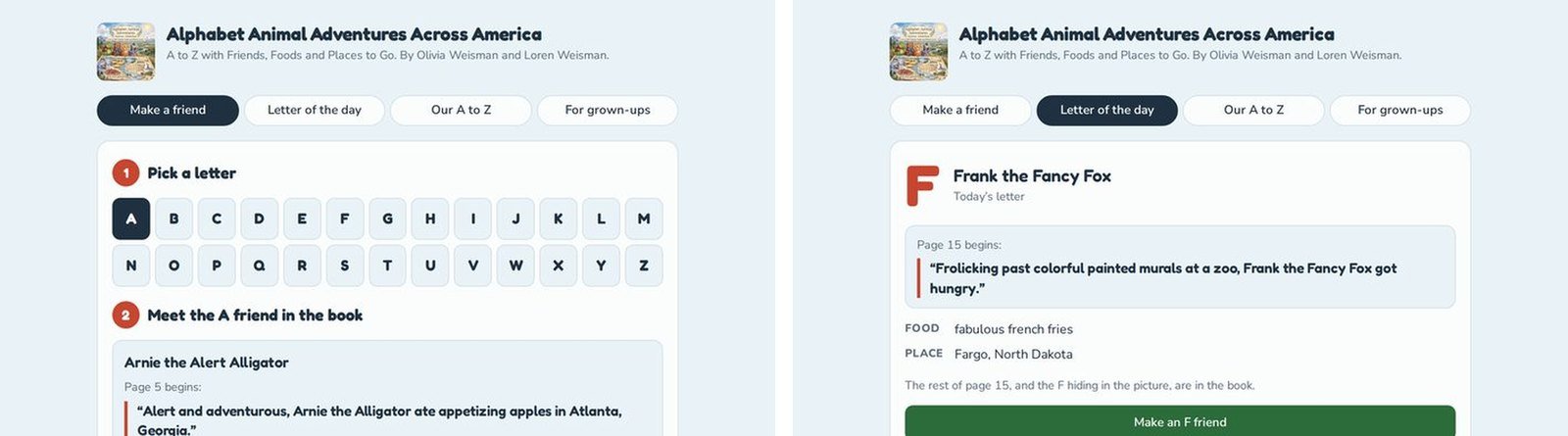 The Make a friend screen of the app on a computer; The Letter of the day screen of the app on a computer