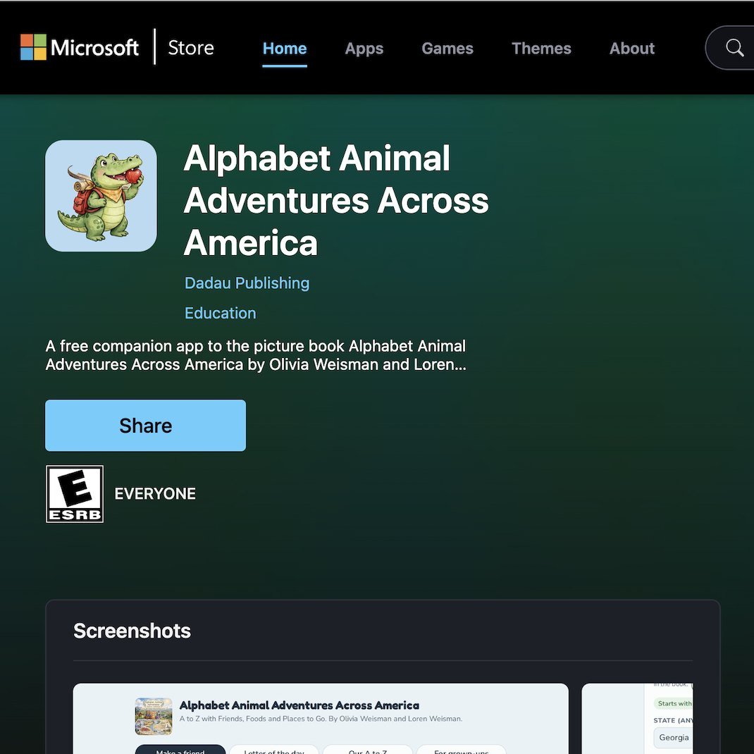 The Microsoft Store listing for Alphabet Animal Adventures Across America: the Arnie icon, Dadau Publishing, Education, a free companion app to the children's book by Olivia Weisman and Loren Weisman, rated E for Everyone (ESRB)