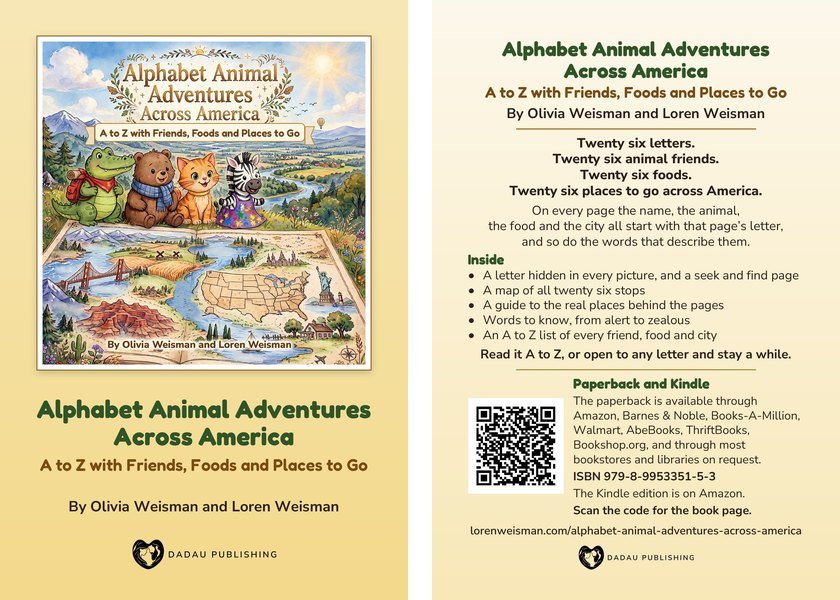 The postcard front: the cover art, title, byline and Dadau Publishing mark; The postcard back: the description, where to buy, the ISBN and a QR code to the book page